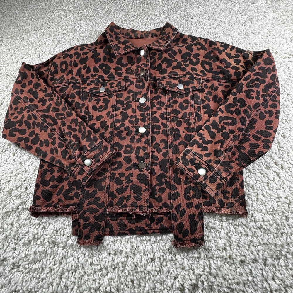 Cropped Leopard Distressed Denim Jacket Size Small Women